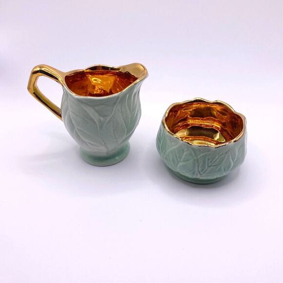 Royal Winton Golden Age Porcelain Green and Gold Plated Creamer and Sugar Set - Picture 5 of 8